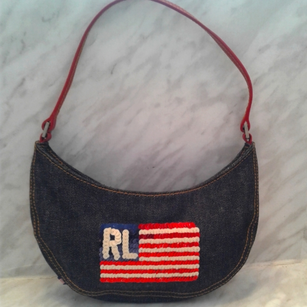 Polo by Ralph Lauren Denim Mini Bag with Red Strap and Flag Patch
